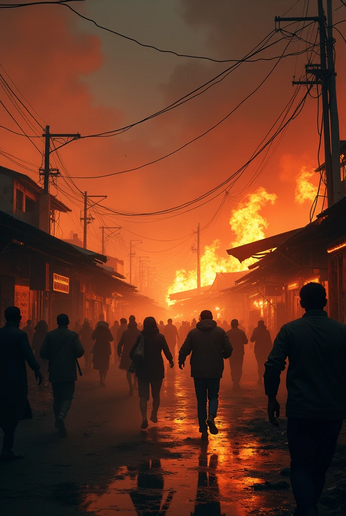 In the dark of night, the burning laundry market and the rush of people in it