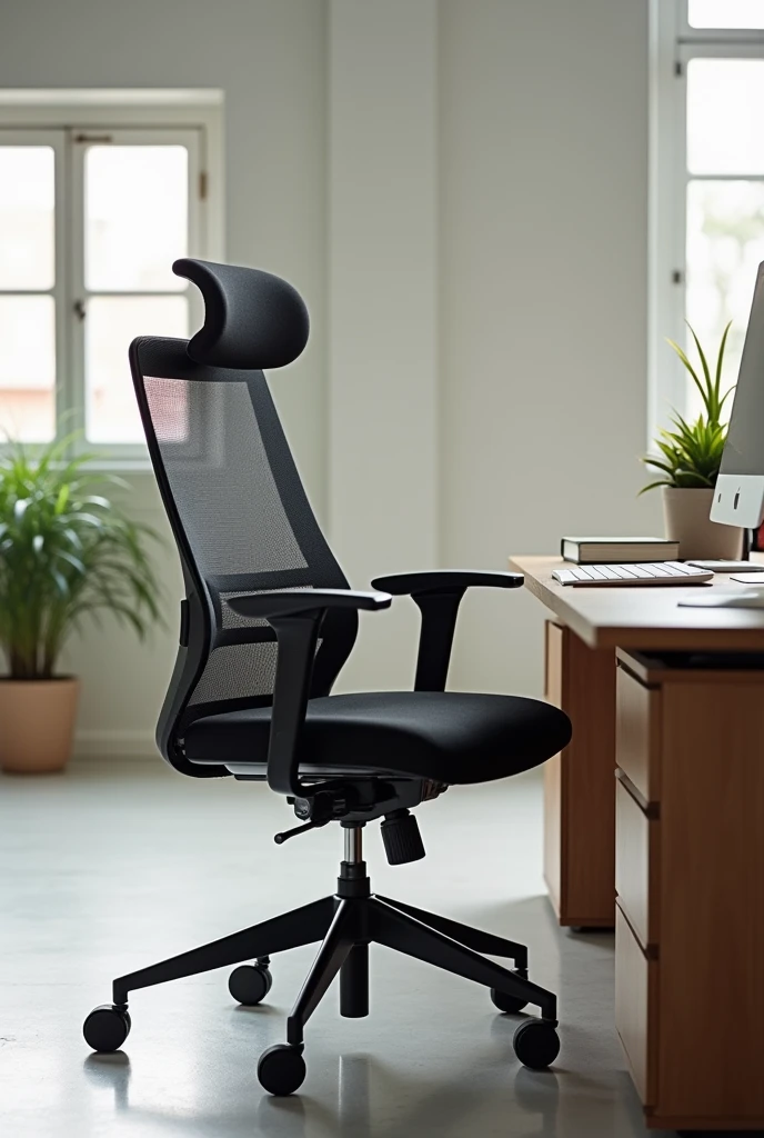 A desk with a padded seat and backrest and wheels