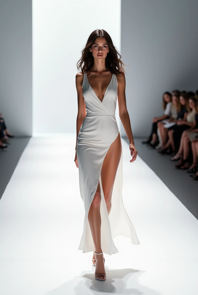 Realistic woman modelo Catwalk, White With midle size hair, dark Brown and wavy