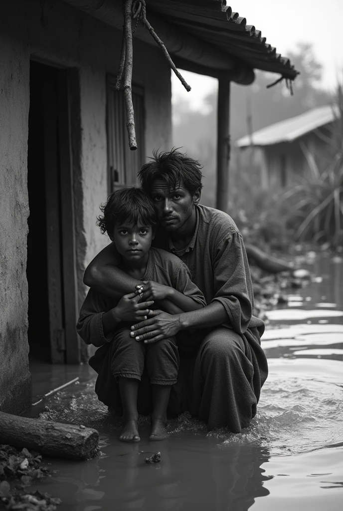  a poor family straggle with flood (black and white) 
