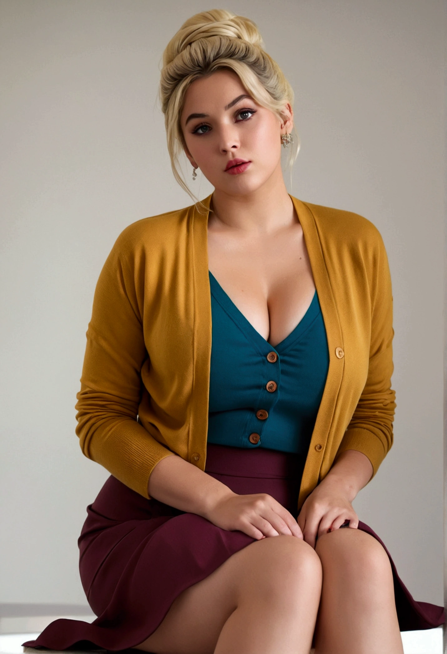 masterpiece, best quality, cinematic, photorealistic, ultra-detailed), 1girl, thicc, (medium shot, from below:1.5), (smart-looking female school teacher:1.4), (Platinum blonde hair, styled in a messy low bun), perfect hands, perfect face, (bursting breasts, large cleavage:1.4), round ass, (wearing Teal, long-sleeved blouse with a subtle floral pattern), (high-waisted mustard yellow skirt), (Rust-colored, oversized cardigan), (seductive pose), (gray eyes, detailed pupils, blushing, slightly parted lips, mauve lips:1.2), (sitting crossed legs)