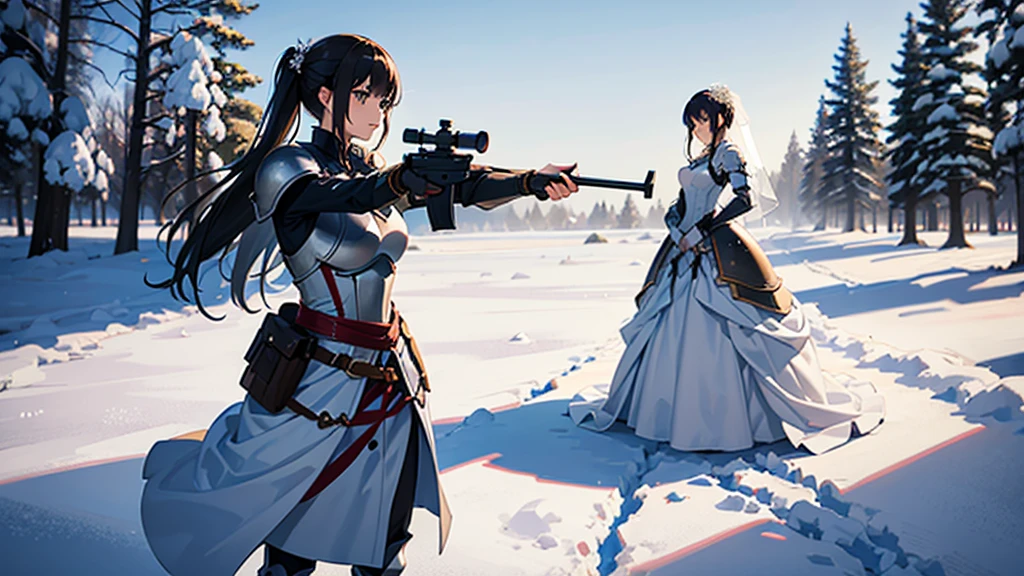 A woman standing alone in a snowy field, wearing a short wedding dress and armor, in a proper shooting stance, anime style