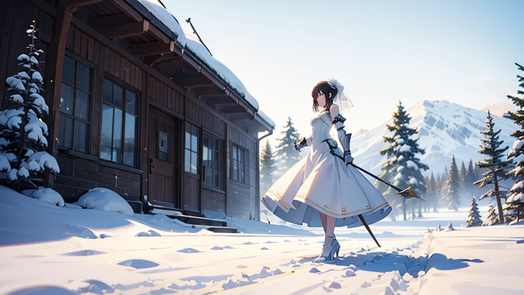 A woman standing alone in a snowy field, wearing a short wedding dress and armor, in a proper shooting stance, anime style