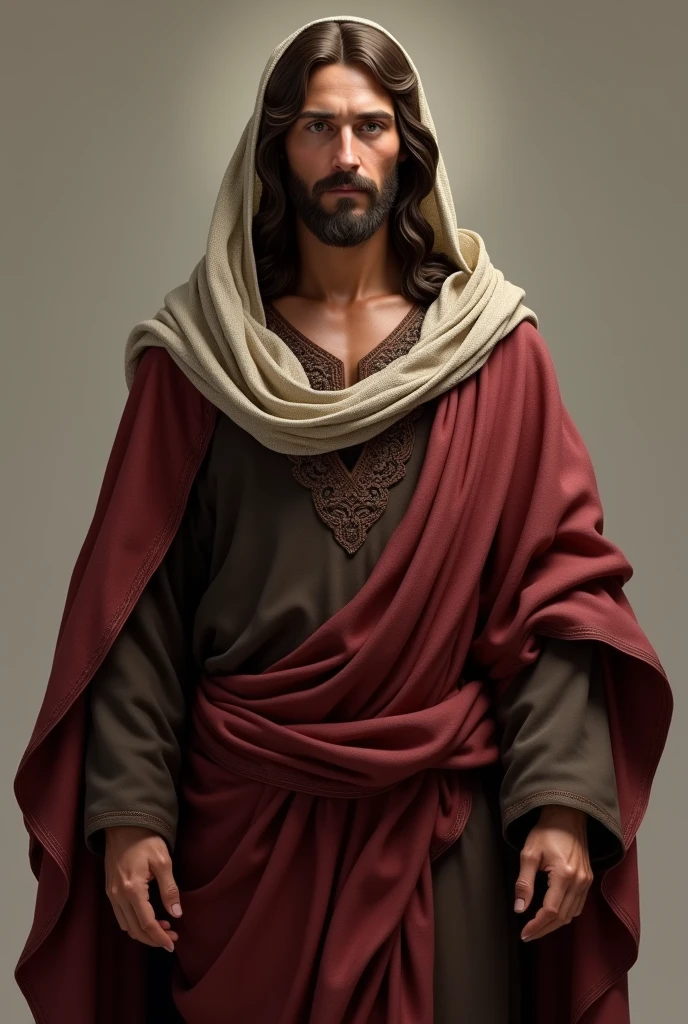 Create a realistic image of Jesus, em corpo inteiro, wearing a rustic tunic in dark brown with details on the collar, a wine red cloak with sleeves and a veil over the head wrapped around the neck, na cor branca.