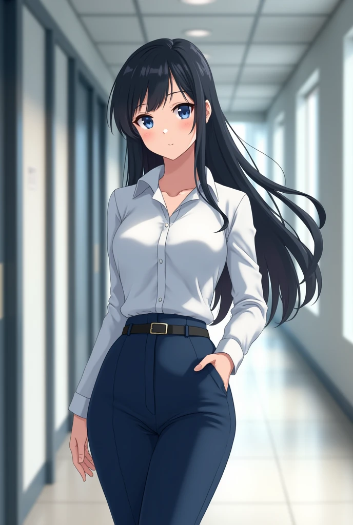 Anime Japanese woman, working woman, uniform, black hair, long hair, low ponytail, blue eyes, tight white shirt, tight navy blue slacks, beautiful e-cup breasts, nice ass, office hallway