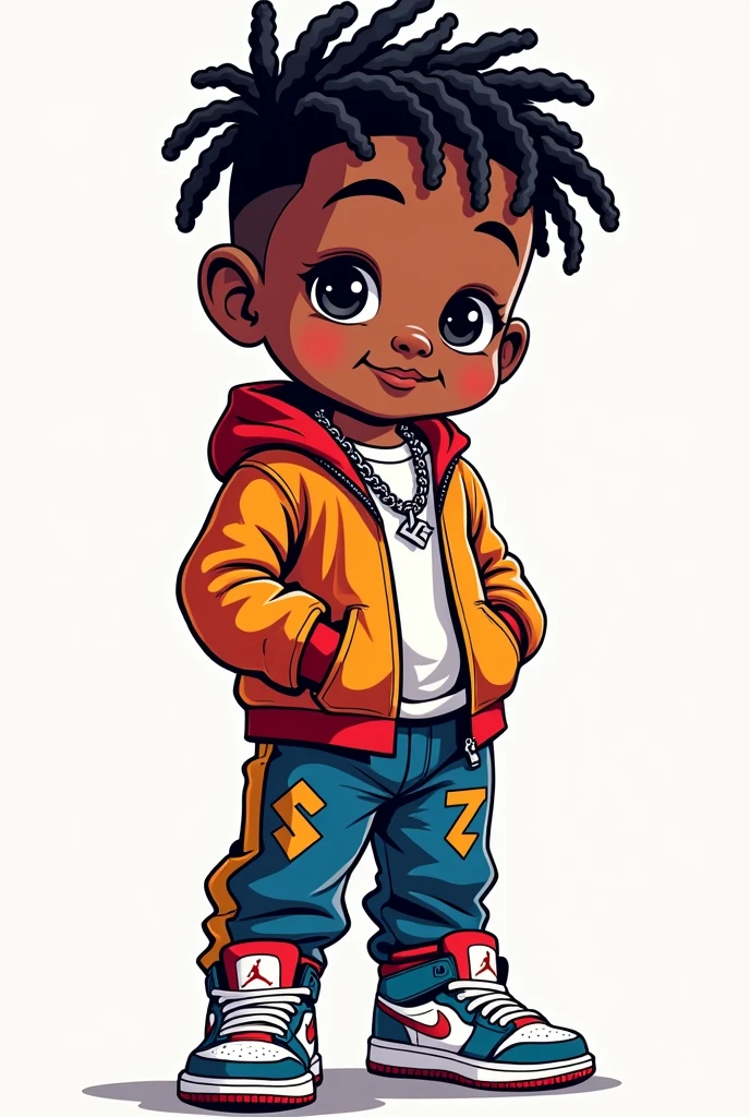 Logo written "LIL MANNIE" with  black boy with draid locks wearing cool tracksuit, air jordan shoes and ice chain and written "LIL MANNIE"