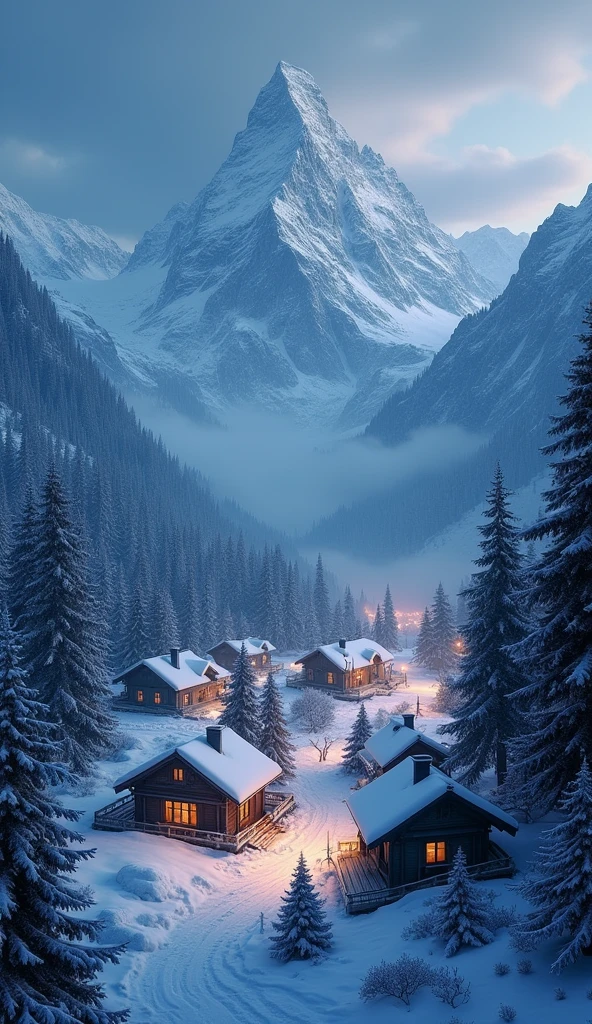BREAK (masterpiece:1.2), best quality, high resolution, unity 8k wallpaper, (illustration:0.8), (beautiful detailed eyes:1.6), extremely detailed, perfect lighting, extremely detailed CG, forest, snow rain, village, mountains, lights, solo, empty scenery, night, no humana