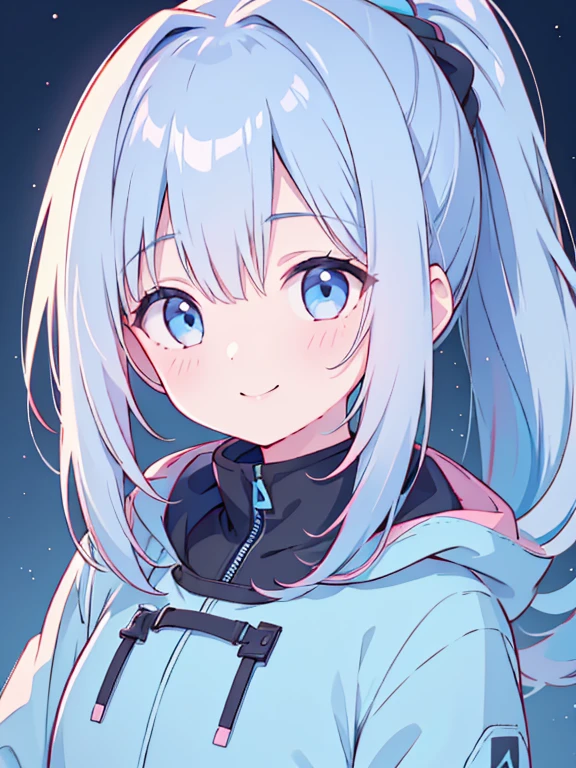 Highest quality、Ultra-high resolution、Highly detailed face、Eye highlights、One Girl、Light blue hair、ponytail、Black anorak parka、smile、Gaze Here、Upper body close-up