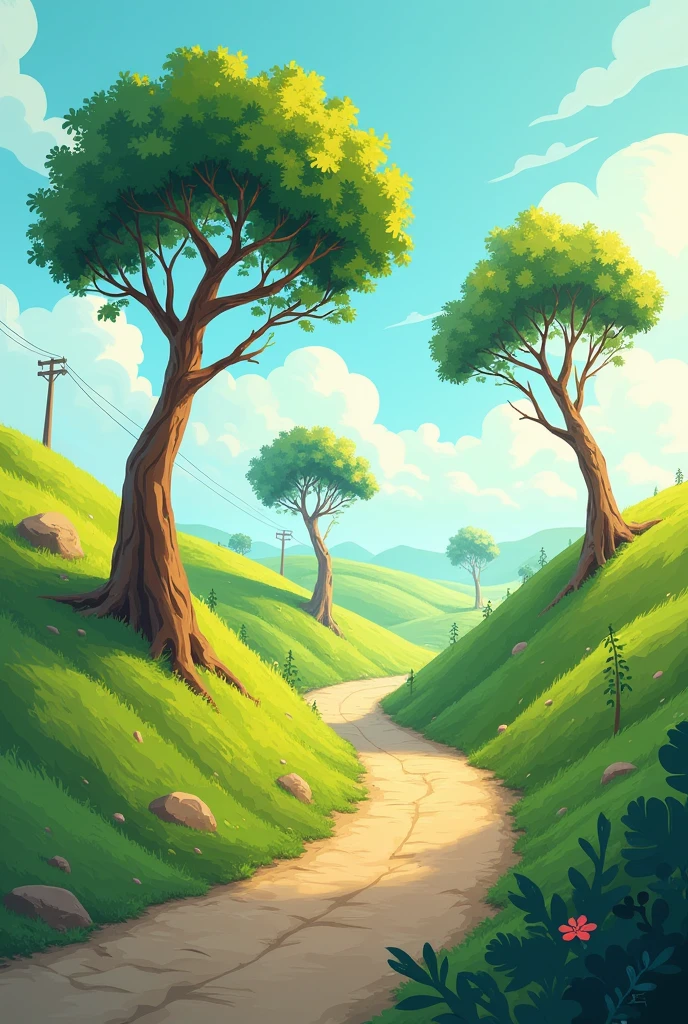 Cartoon of a road on the ground with three trees and strong wind

