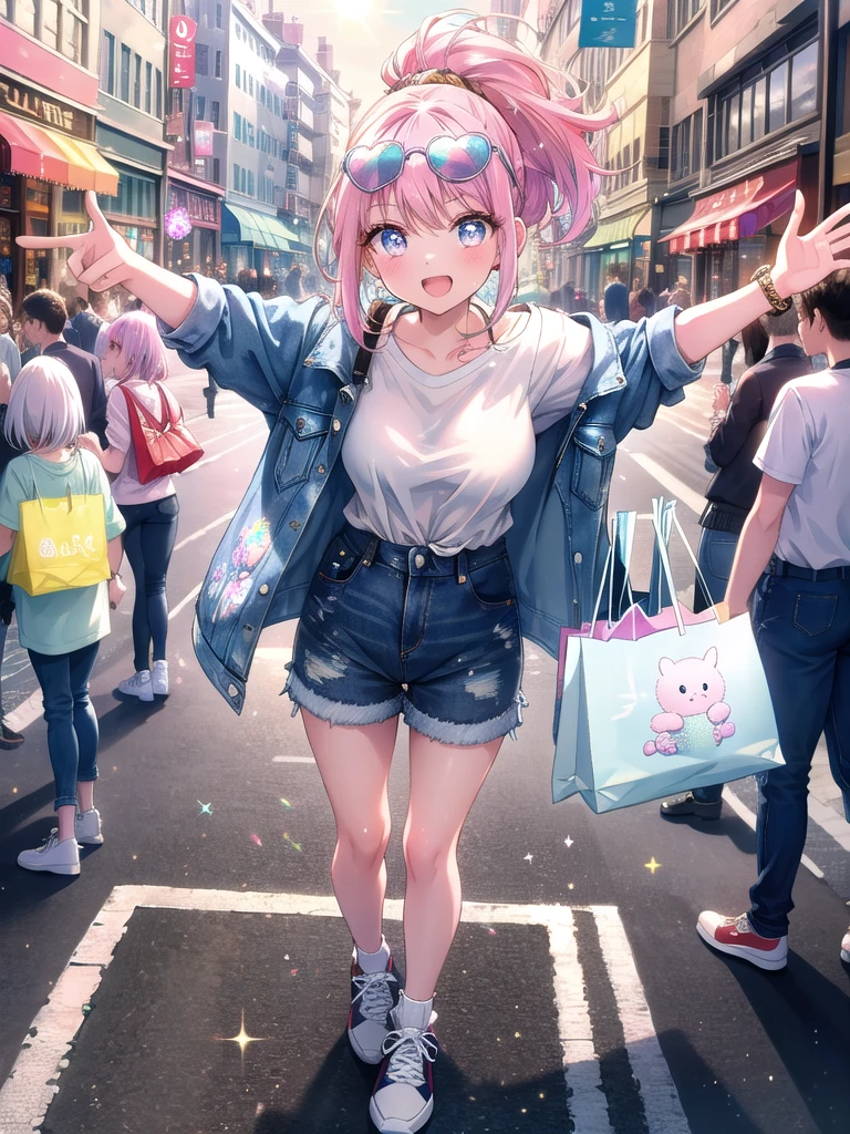 ((8k, Highest quality, masterpiece: 1.3)),Ultra-high resolution,(1 girl, alone), (Color changing eyes, Ultra-detailed, Expressive brilliance, Glitter, Glowing Eyes), Highly detailed eyes, Highly detailed face, Random Hair, ((pastel colour)),The girl is walking through a bustling shopping district with a group of friends, carrying a few shopping bags in her hands. She’s dressed in a trendy denim jacket over a white t-shirt, paired with high-waisted shorts and white sneakers. Her hair is tied into a high ponytail, and she’s wearing a pair of stylish sunglasses perched on her head. Her expression is excited and animated as she chats with her friends, pointing out a shop window displaying cute accessories. The sun is shining brightly, and the street is crowded with people, creating a lively and energetic atmosphere. (sunny day, trendy outfit, excited expression, shopping scene)