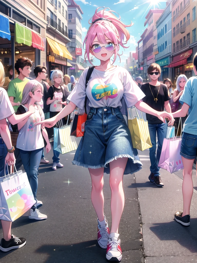((8k, Highest quality, masterpiece: 1.3)),Ultra-high resolution,(1 girl, alone), (Color changing eyes, Ultra-detailed, Expressive brilliance, Glitter, Glowing Eyes), Highly detailed eyes, Highly detailed face, Random Hair, ((pastel colour)),The girl is walking through a bustling shopping district with a group of friends, carrying a few shopping bags in her hands. She’s dressed in a trendy denim jacket over a white t-shirt, paired with high-waisted shorts and white sneakers. Her hair is tied into a high ponytail, and she’s wearing a pair of stylish sunglasses perched on her head. Her expression is excited and animated as she chats with her friends, pointing out a shop window displaying cute accessories. The sun is shining brightly, and the street is crowded with people, creating a lively and energetic atmosphere. (sunny day, trendy outfit, excited expression, shopping scene)