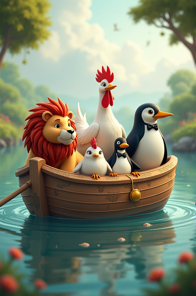 Horizontal ark a lion a rooster a duck a chicken and a penguin