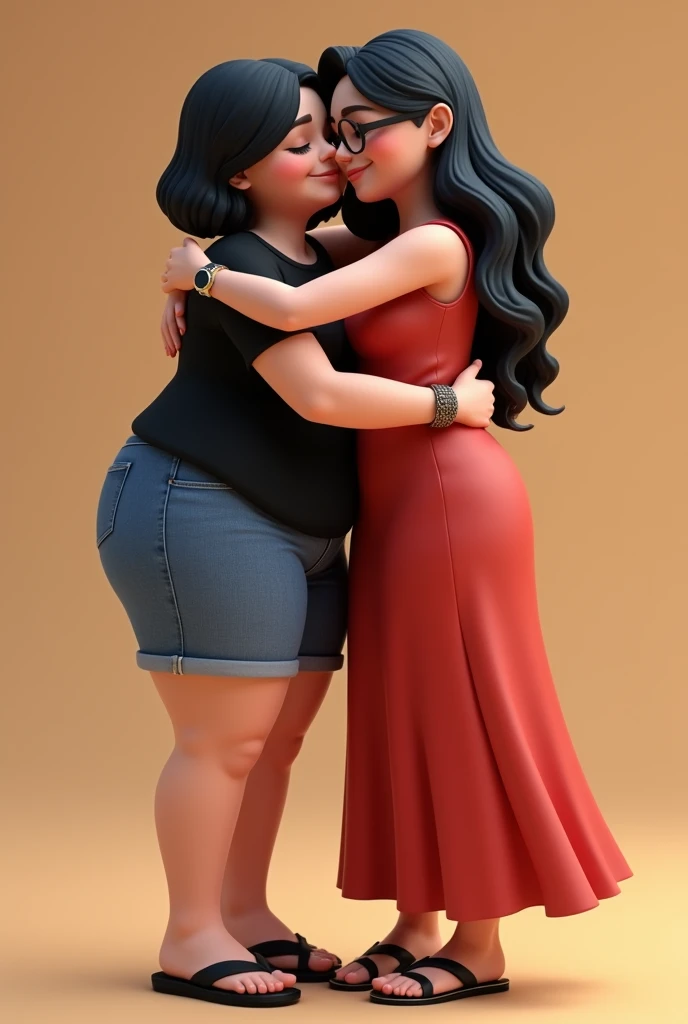 (Photorealism:1.2) 3 d image, two friends hugging, The first woman, dark-skinned, chubby stature, short hair to the shoulder, In the black color, White color blouse, e short jeans, flip flop, and watch on the wrist; And the other woman, white-skinned, slender stature, hair long black, redgown, black sandal, Eyeglasses, pulseira and watch on the wrist