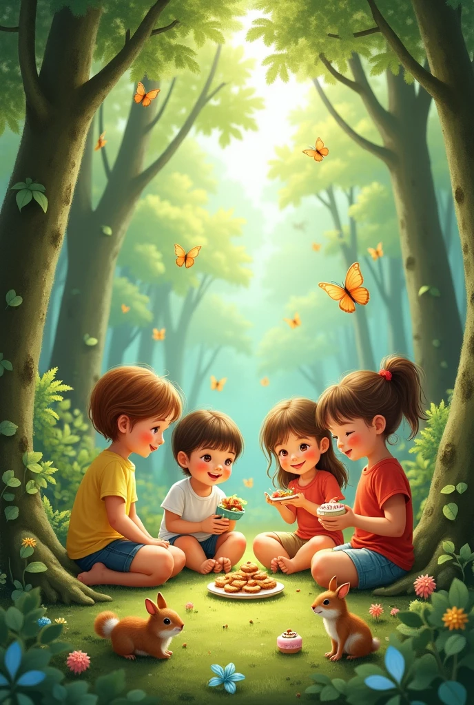 drawning, children sitting on the ground in a forest, with sweets and little animals around, with joy 