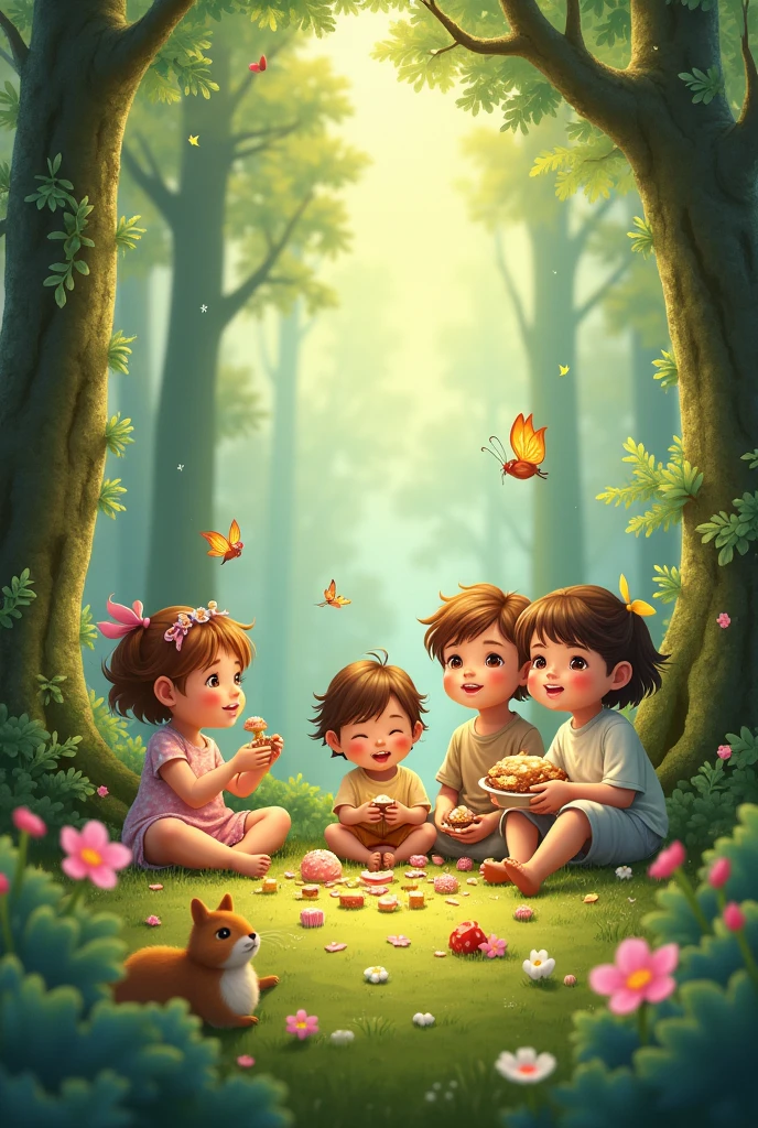 Big sun, little boy and little girl eating watermelon under the tree, HD, detail, vista --auto --s2