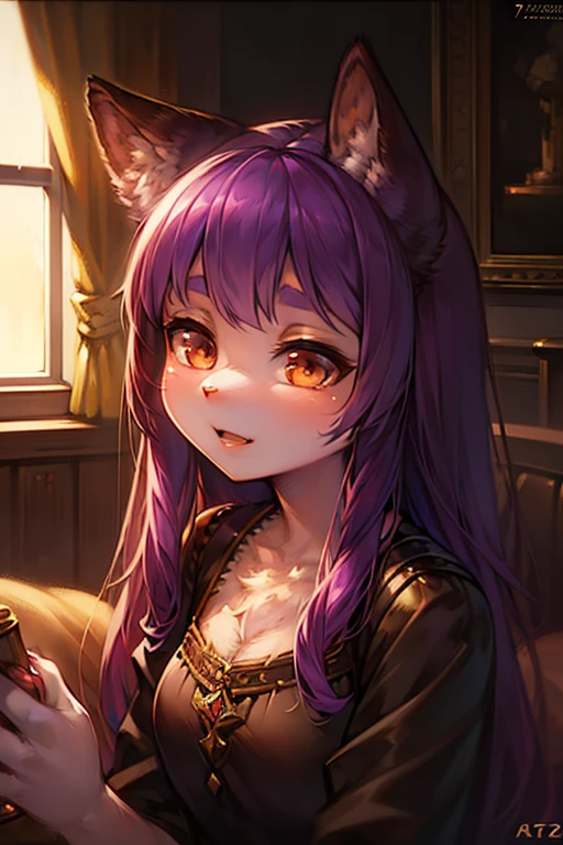 1girl, purple hair, cat, furry, brown eyes, beautiful detailed eyes, beautiful detailed lips, extremely detailed face and eyes, long eyelashes, cat ears, cute, adorable, fantasy, digital art, intricate details, (best quality,4k,8k,highres,masterpiece:1.2),ultra-detailed,(realistic,photorealistic,photo-realistic:1.37),vibrant colors, warm lighting, soft focus, digital painting