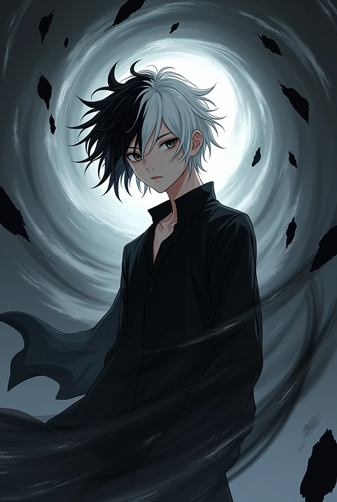 anime boy, black and white hair, surrounded by black meteors,long black shirt
