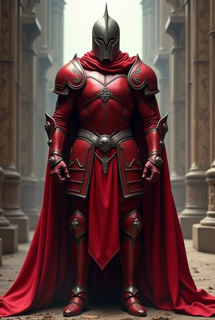 A man who is covered of red armor,wear metal helmet,wear a cape