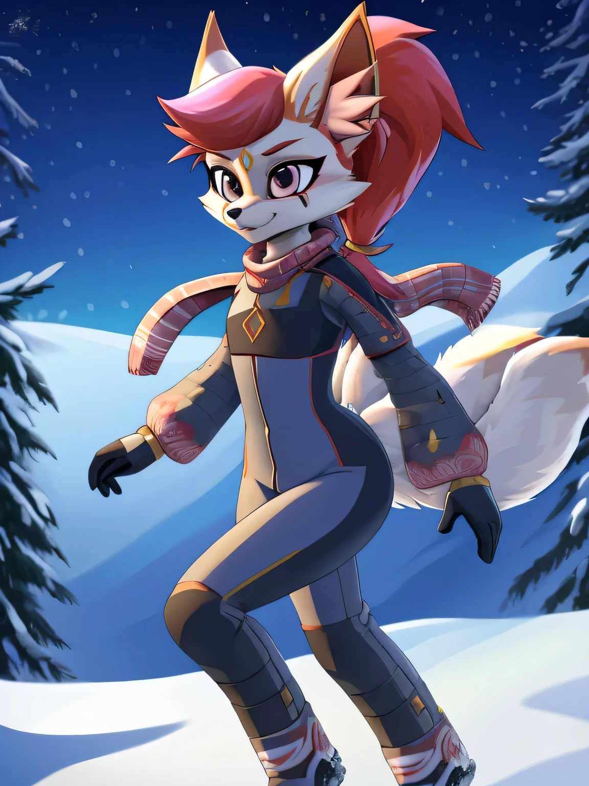 kimiko, furry female anthro, fox girl, multiple tails, solo, short ponytail, scar on the eye, detailed face, masterpiece, dressed, winter suit, snowy day, snow, jump, jump in air, two legs, legs tucked in, detailed face, perfect face, perfect hands, scarf