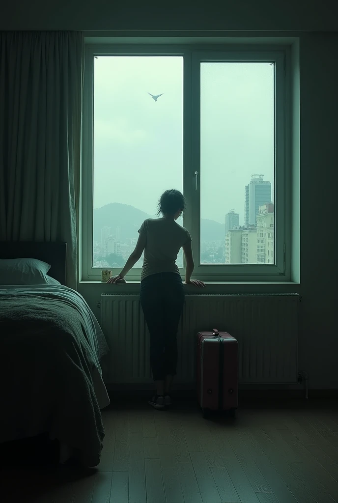 A view from a window on the fifth floor, showing a distant and alien city, with Ricardo Arjona locked in his "Country" personal."From your voluntary exile": A suitcase abandoned in a corner, symbolizing the departure of the other person and the loneliness of the one left behind.