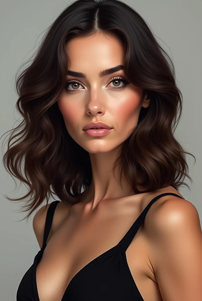 Realistic woman modelo Catwalk, White With midle size hair, dark Brown and wavy look Theo câmera portrait
