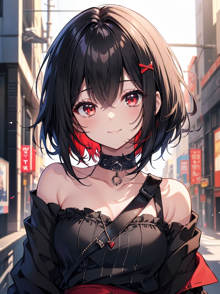 (masterpiece, highest quality, highest quality, (No text), Beautiful and aesthetic:1.2),No text,アニメ、BREAK,One Girl,Black Hair Girl adult short hair older sister choker Beautiful eyes Red eyes cool smile Black and Red Cute clothes Black jacket whole body In town
