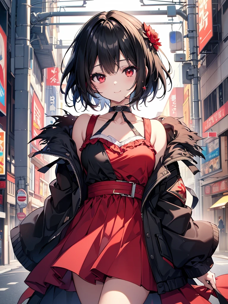 (masterpiece, highest quality, highest quality, (No text), Beautiful and aesthetic:1.2),No text,アニメ、BREAK,One Girl，Black Hair Girl　 adult　short hair　older sister　choker　Beautiful eyes　Red eyes　cool　smile　Black and Red　Cute clothes　Black jacket　whole body　In town