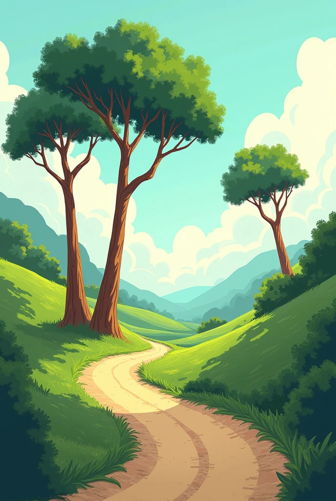 Cartoon of a road on the ground with three trees and strong wind