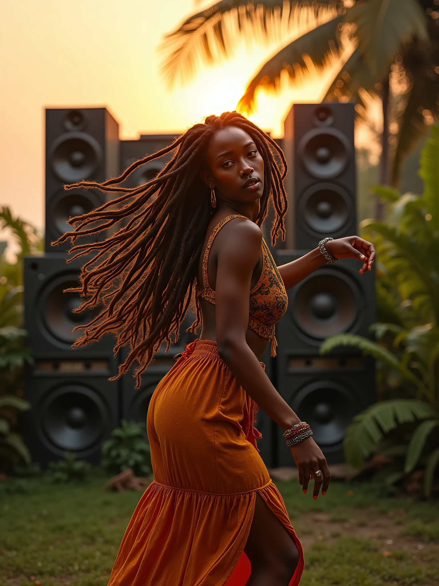 very realistic photo of an afro asiatic  jamaican girl  with very long dreadlocks hairs and big breasts dancing in front of a huge sound system speakers during the sunset outdoor tropical vegetation background