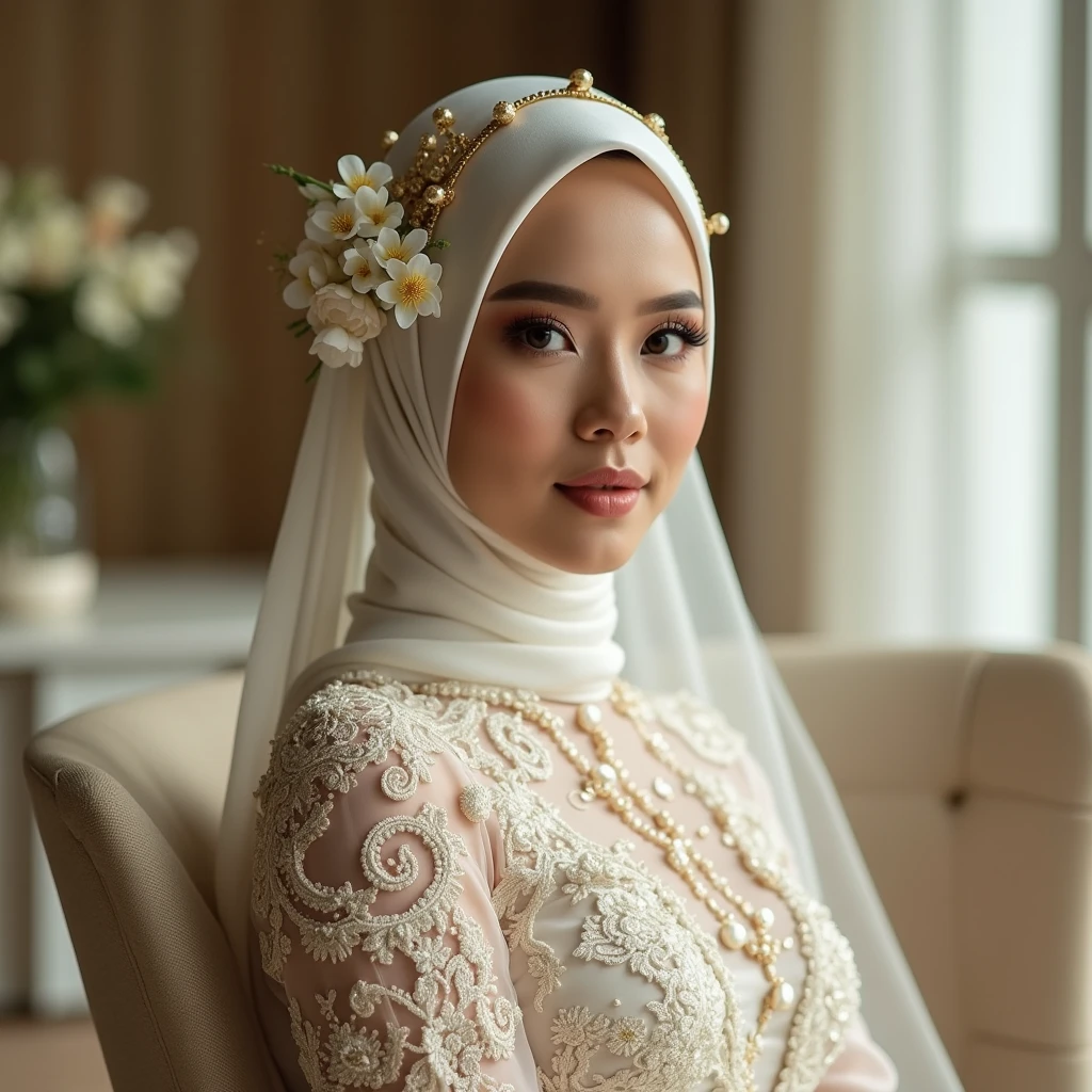 a indonesian women, wear sheer silk hijab with gold accesories and some Jasmine flower pistil decoration tied lengthwise on left headside. glamour makeup, wear longsleeve intricate lace details white traditional indonesian muslim bride kebaya, sweet calm expression, indoor glamour wedding decoration seat with sunda theme details. look at the viewer, natural light, realistic photography, wide angle shot , detailed facial features,