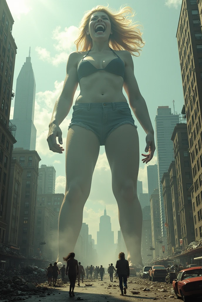 A gigantic 152-meter version of actress Kirsten Dunst laughing maniacally as she crushes people and entire cities with her bare feet and people flee in despair.