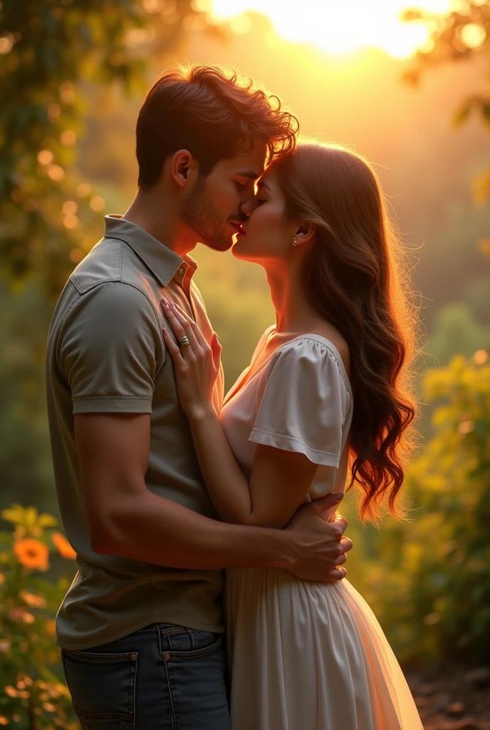 A man and a woman kissing on the lips and hugging each other