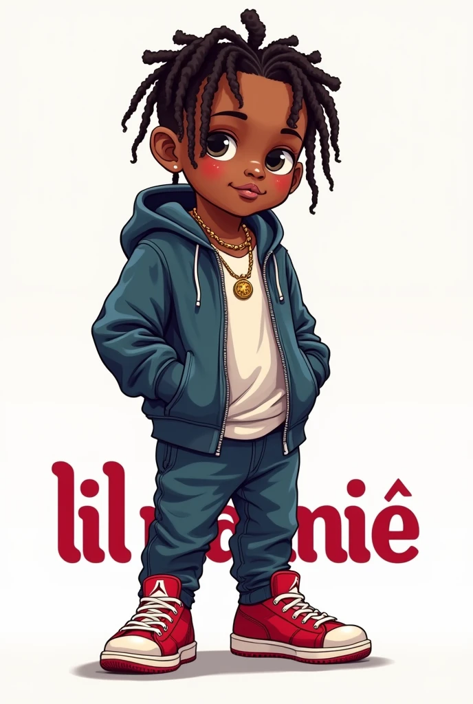 Logo written "LIL MANNIE" with 3 year old black boy with draid locks wearing cool tracksuit, air jordan shoes and ice chain and must written "LIL MANNIE"
