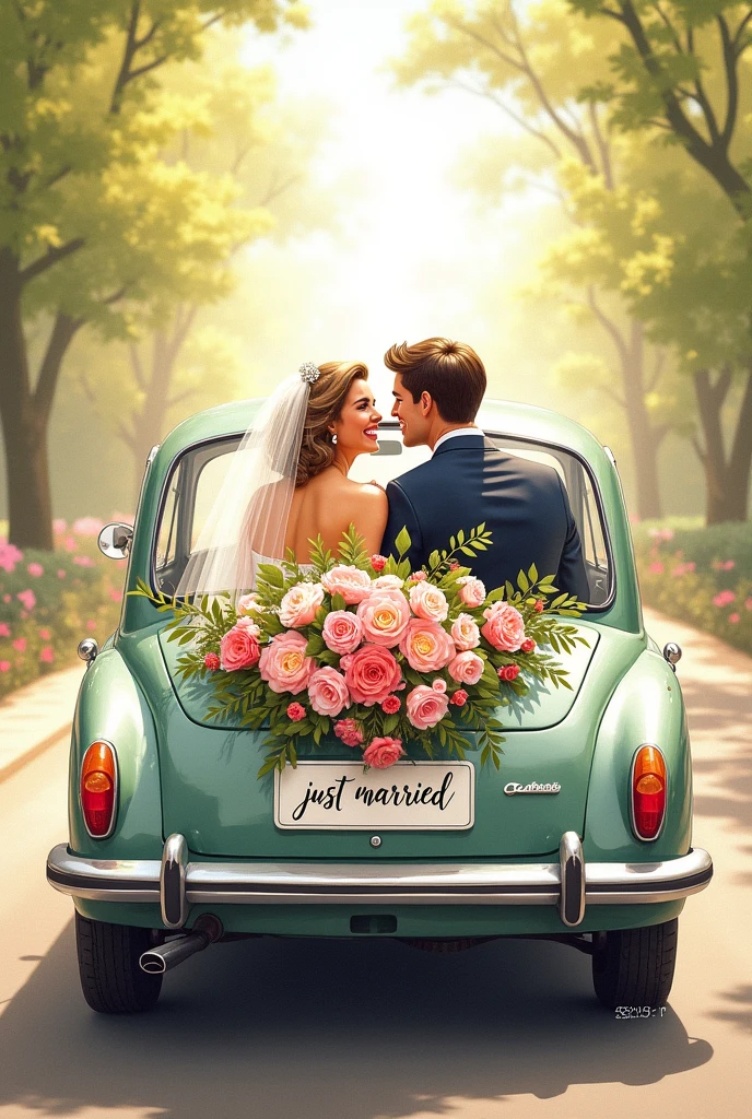 A drawn picture. Bride and groom sitting in a wedding car. You can see them through the rear window of the car. The car is a Peugeot and decorated with flowers. The license plate says “just married”
