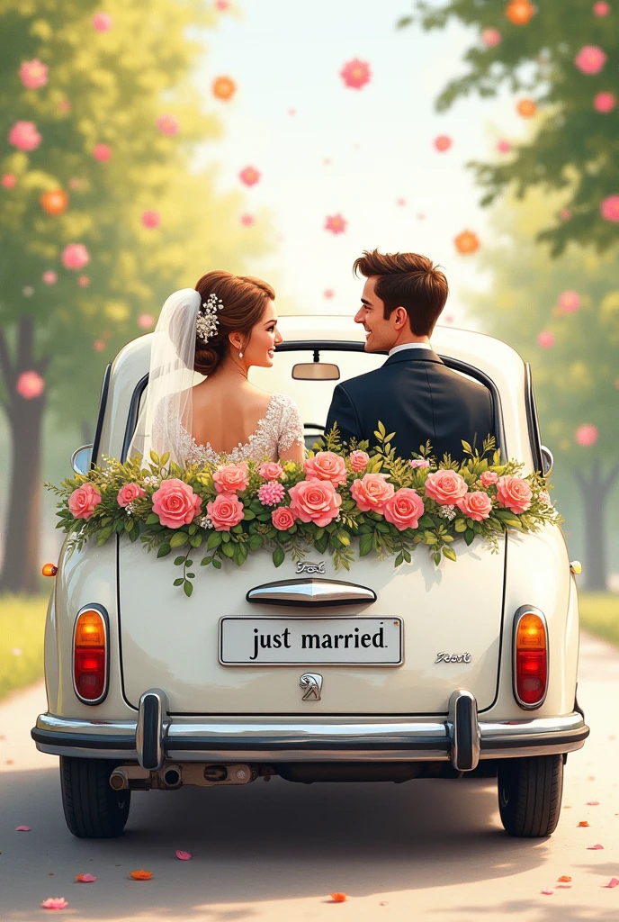 A drawn picture. Bride and groom sitting in a wedding car. You can see them through the rear window of the car. The car is a Peugeot and decorated with flowers. The license plate says “just married”