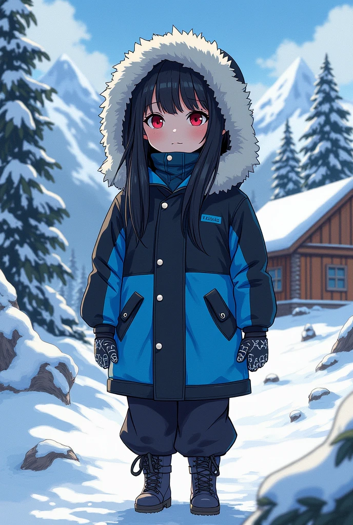 Girl with long, slightly messy dark hair, with red eyes, a large black and fluorescent blue jacket or coat with a hood with white fur, Dark blue gloves with white details, long, warm pants with leather boots, The girl should not be very tall, more or less about 1,68 a 1,74. It should be in a snowy environment with a cabin in the distance with some mountains in the distance of the landscape. (detailed manga style)
