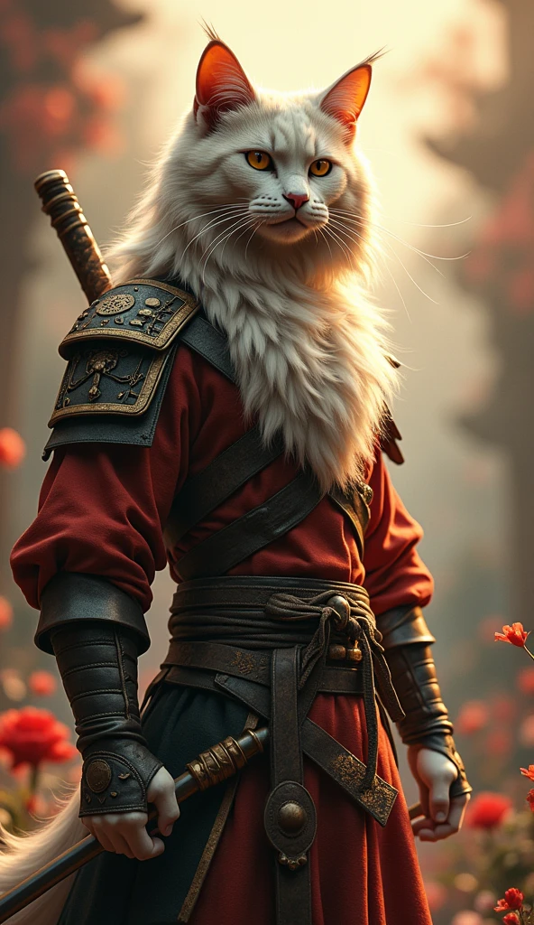 A surreal fusion of East and West. The shot frames Zhang Fei's robust torso and limbs, reminiscent of ancient Chinese art, amidst a whimsical backdrop. A Maine coon cat's sleek head, with piercing green eyes, replaces Zhang Fei's human visage. Soft, golden lighting accentuates the cat's fur, while deep shadows define its features. The overall composition is bold, blending historical and feline elements in a captivating, dreamlike tableau.