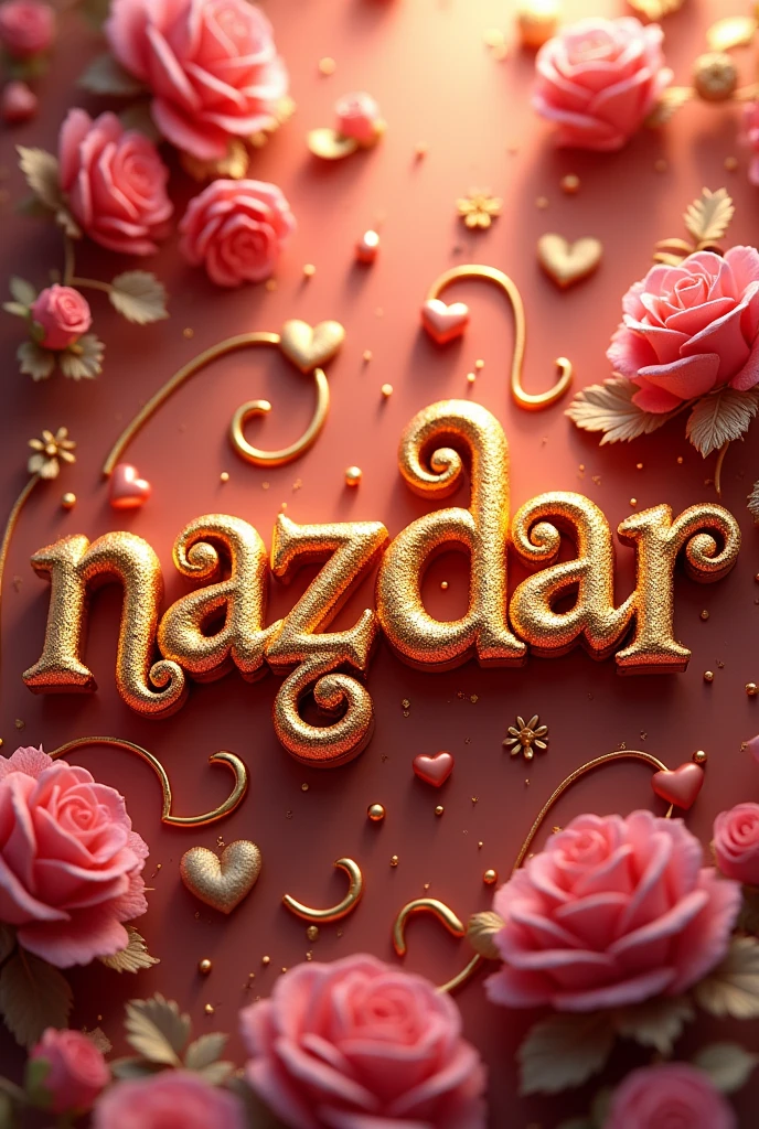 A 3D illustration of a stunning piece of art with the 3d words "NAZDAR" in solid gold lettering. The letters are adorned with intricate heart decorations and elegantly crafted embellishments. Beautiful floral and spiral motifs add a touch of sophistication. The overall design exudes simplicity and elegance. Soft sparkles accentuate the text, giving it a radiant and luxurious feel. The artwork is rendered in 3D, showcasing the vibrant colors and detailed ornamentation.