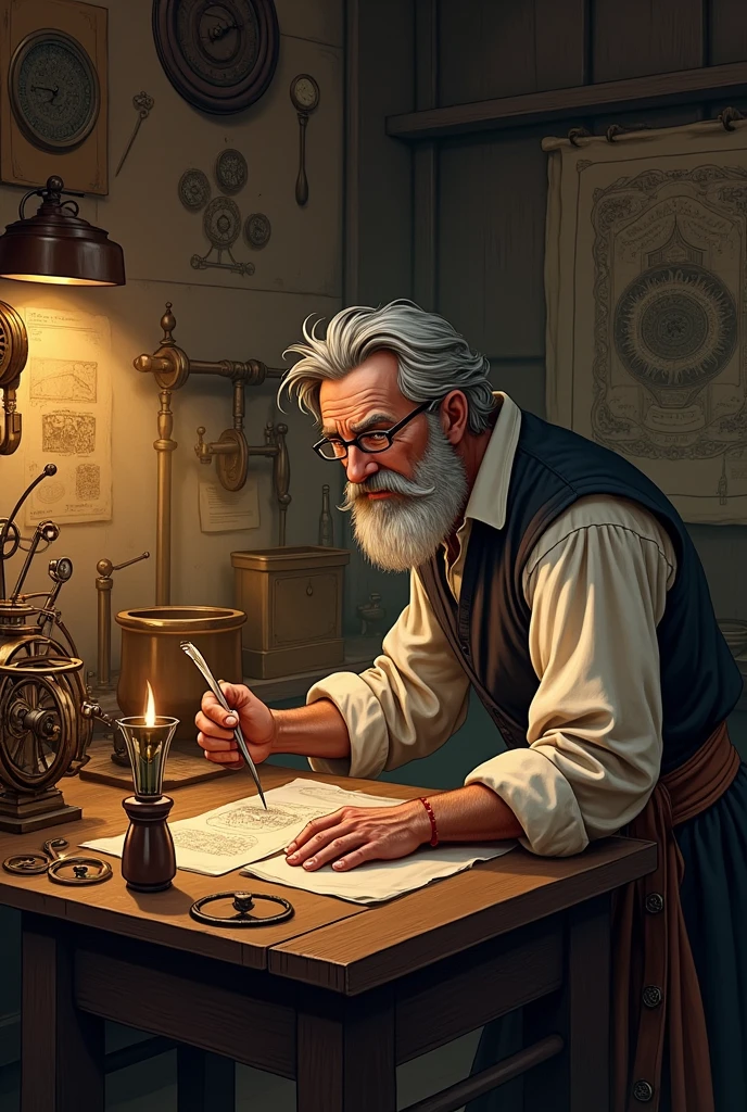 An inventor in 1400s with his inventions ina workshop