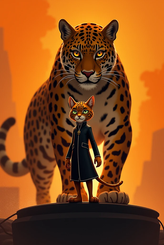 You can make a Puss in Boots edition with a jaguar (Panthera Onca), the jaguar behind the intimidating puss in boots. The background is orange and not in 3D, it will seem that the basin is "protecting" the puss in boots who stands in front of you confidently. It has to be intimidating because it's for a treasure hunt
