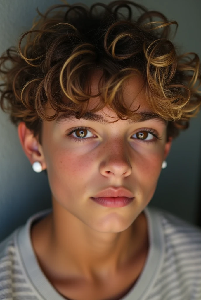 A teenage boy with curly brown hair and blonde highlights, who are long and brown eyes with tanned skin, besides a white earring in the ear.