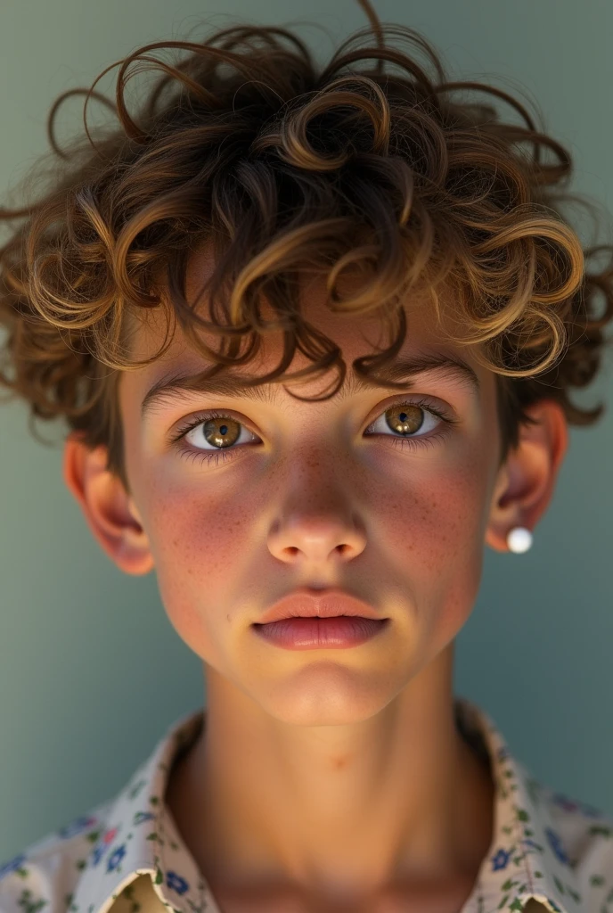 A  boy with curly brown hair and blonde highlights, who are long and brown eyes with tanned skin, besides a white earring in the ear.