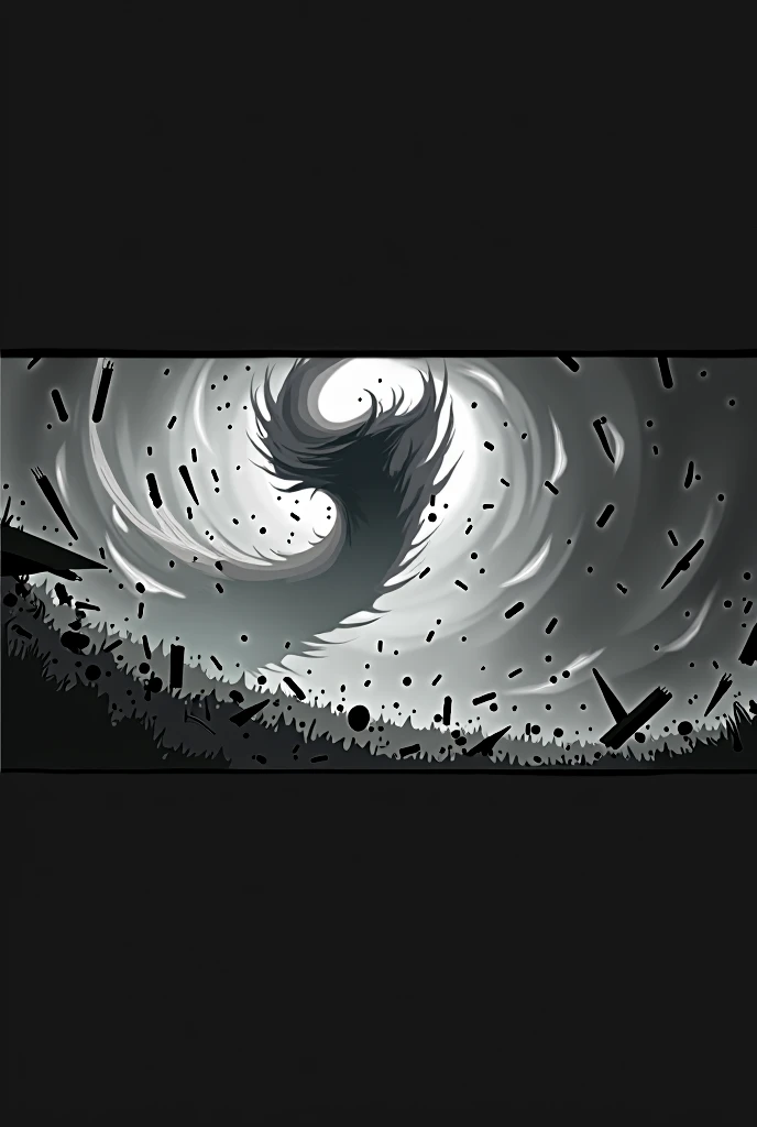 a lot of chaos, inside the tornado, BLACK AND WHITE COLORS, and very bright rays, strong storm