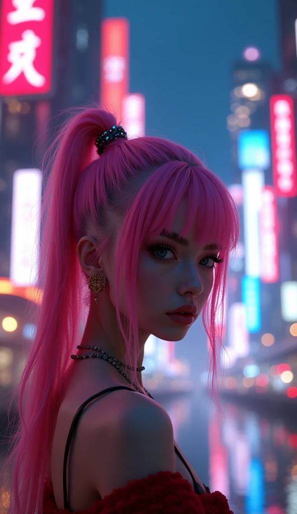 8k,beautiful,cyber punk,cyber punkな街並み,(Neon City:1.5),Neon Night,Flashy cityscape,Attractive atld,,Pink Hair,Ponytail Highly detailed, Highly detailed skin, Amazing detail, Surreal, Very high resolution, Hyperrealistic,