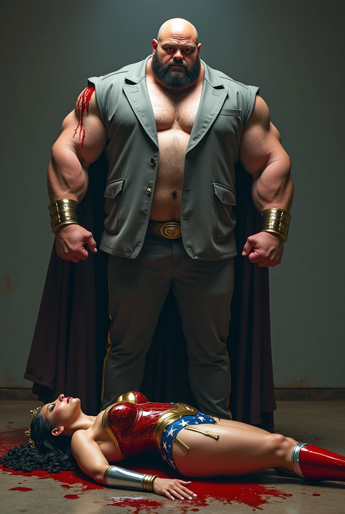 fat muscular bald man wearing grey suits standing with bloody fists and glowing red eyes, Wonder Woman wearing tiara, red and gold bustier, blue leotard with white stars, silver bracelets, (Red knee high boots:1.2), golden belt with athletic and muscular body laying on the ground unconscious covered in blood with tattered costumes. (perfect anatomy), (masterpiece:1.2), (best quality:1.2), intricate details, Muted Tone, Delicate, Detail, sharp focus, perfect hands, perfect face, perfect eyes, perfect light, dynamic light, natural light