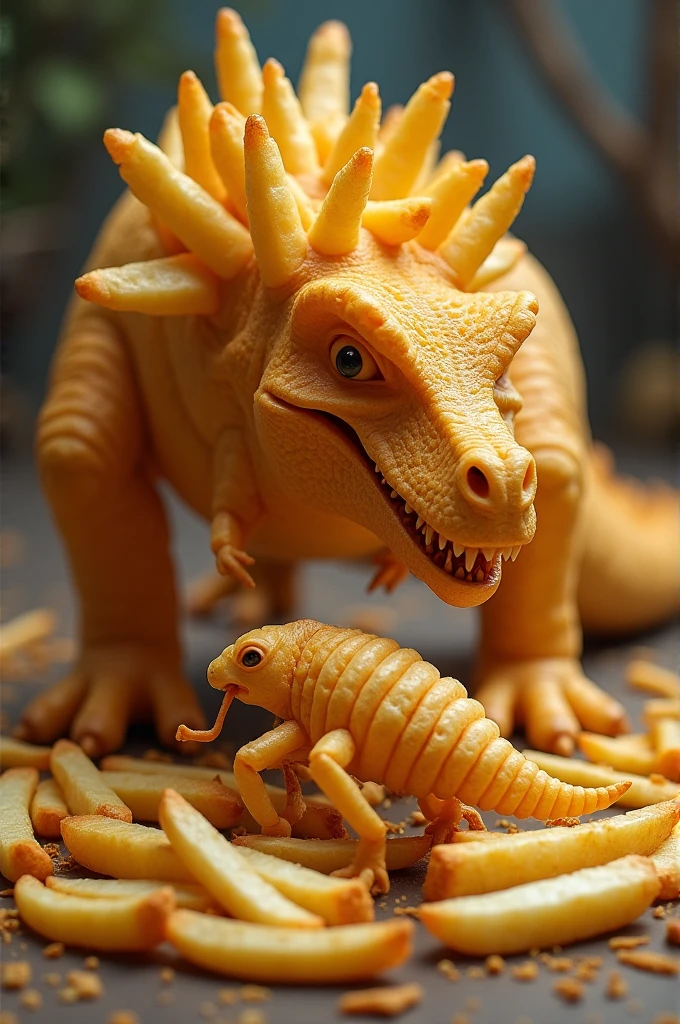 A dinosaur and a cockroach made of French fries