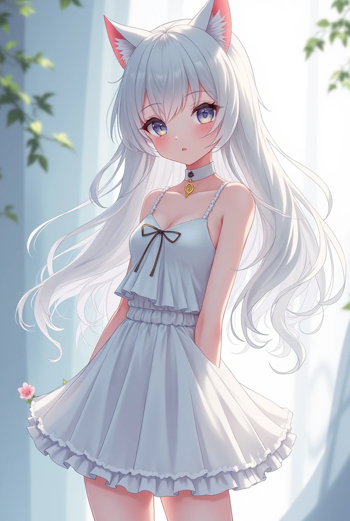 masterpiece, best quality, 8K resolution,((best quality)), ((masterpiece)),1 girl， anime girl， Body，Very short，white hair，white skirt，cat ears， long hair,