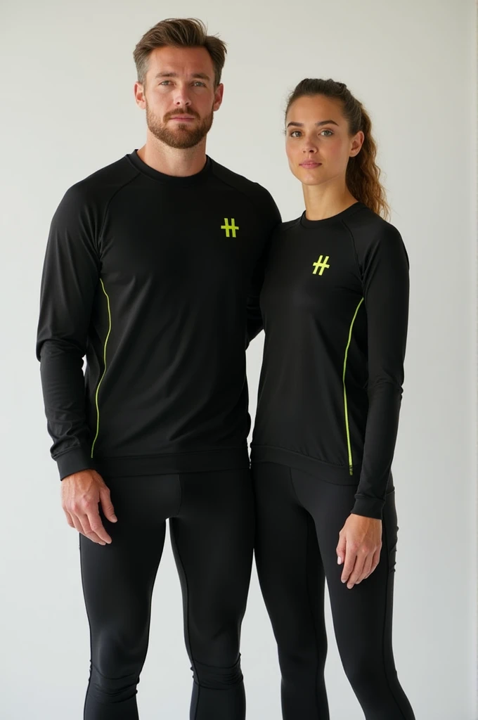 General image of a man and woman wearing black long-sleeved sports outfits and leggings with a lemon green H logo