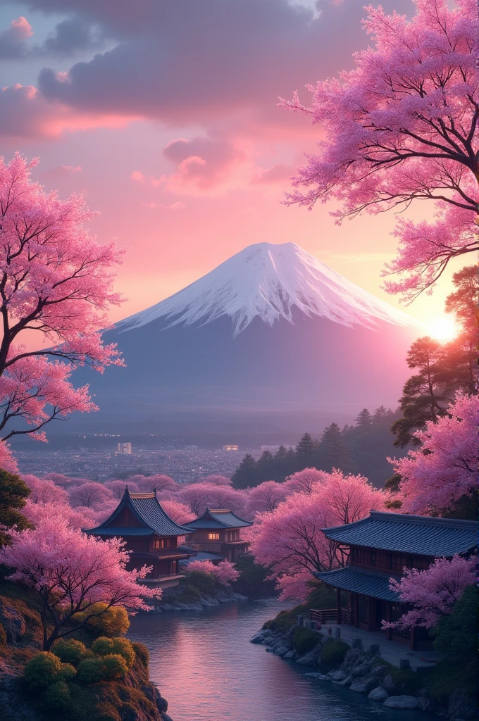beach. sunset. pink cherry trees. japan. fuji background. japaneese houses surroundings