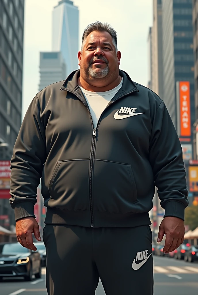 imagine a fat american bussines man with a sport outfit branded with nike